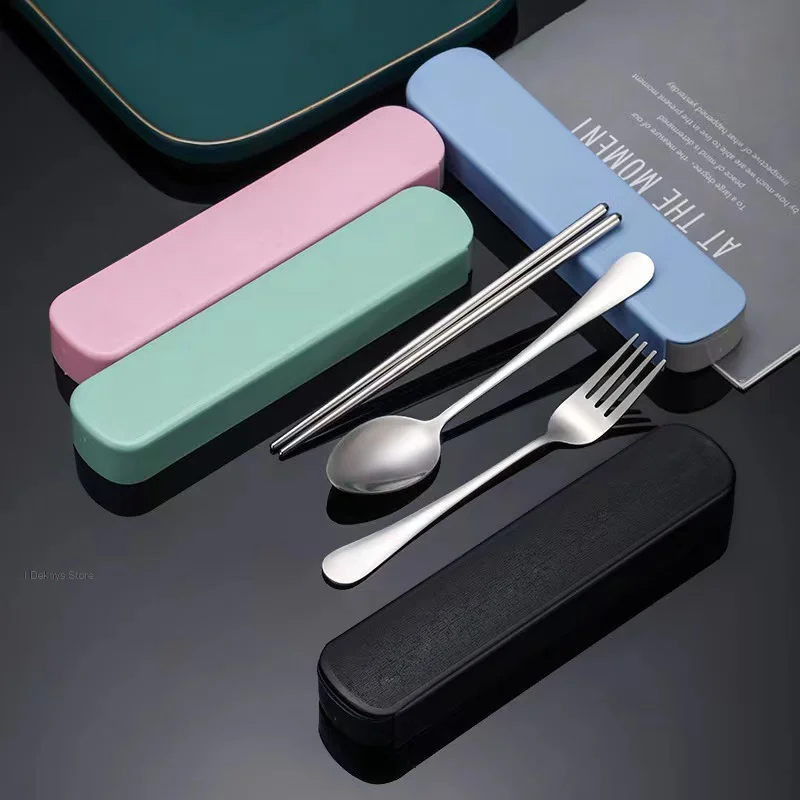 

3pcs/set Dinner Set Reusable Travel Fork Spoons Set Camp Utensils Set With Stainless Steel Spoon Fork Chopsticks Portable Case