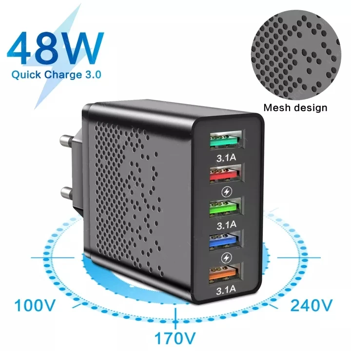 

Зарядное устройство с 5 USB-портами, быстрая зарядка QC 3,0, настенное зарядное устройство для IPhone13, 12, 11, Samsung, Xiaomi, 12 мобильных устройств, 5 портов,...