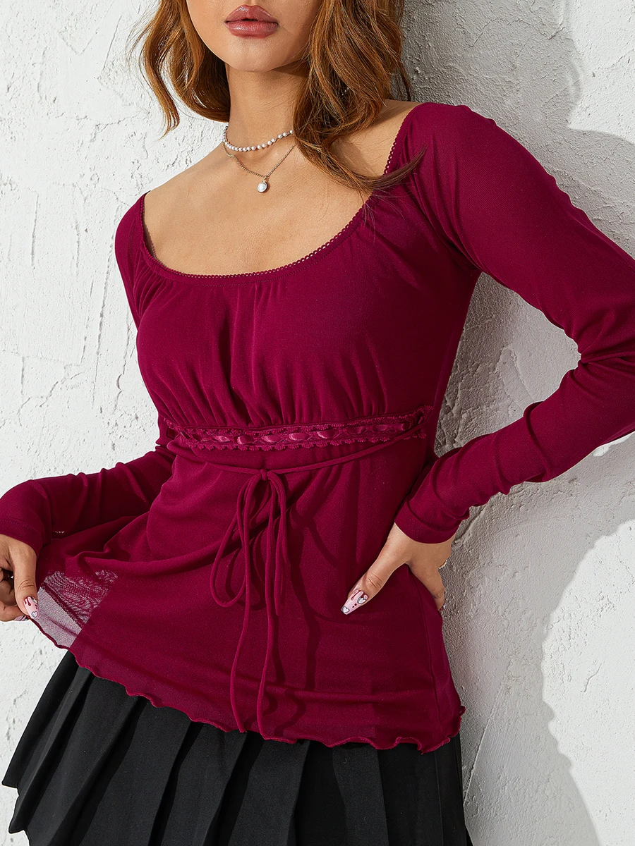 

Women Fashion Mesh T-Shirt Solid Color Trimmed Square-Neck Long Sleeve Casual Pullover Tops for Females