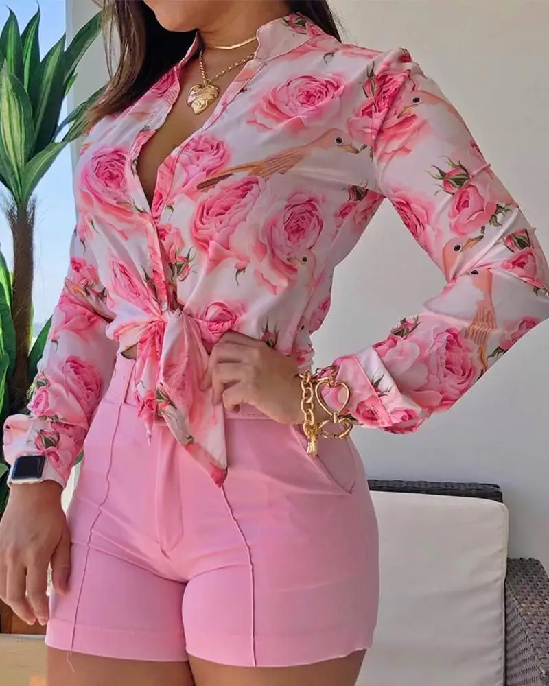 

Women Long Sleeve Floral Printed Tie Knot Top Blouse Casual Spring Shirts Female