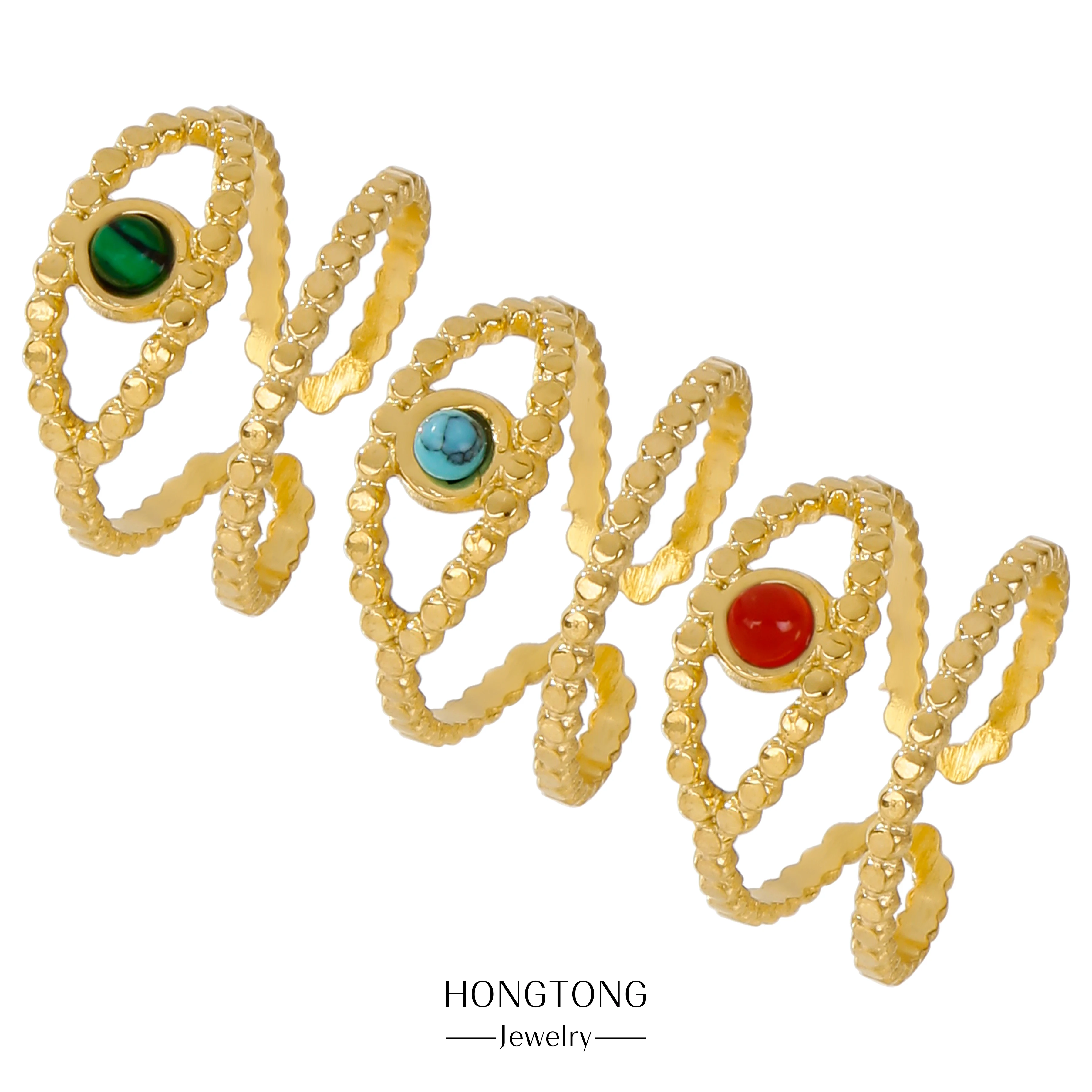 

HONGTONG 18K Gold-Plated Three-Color Eyes Gemstone Oil Pressed Hot Model Best-Selling Fashion Stainless Steel Ring Jewelry Gift