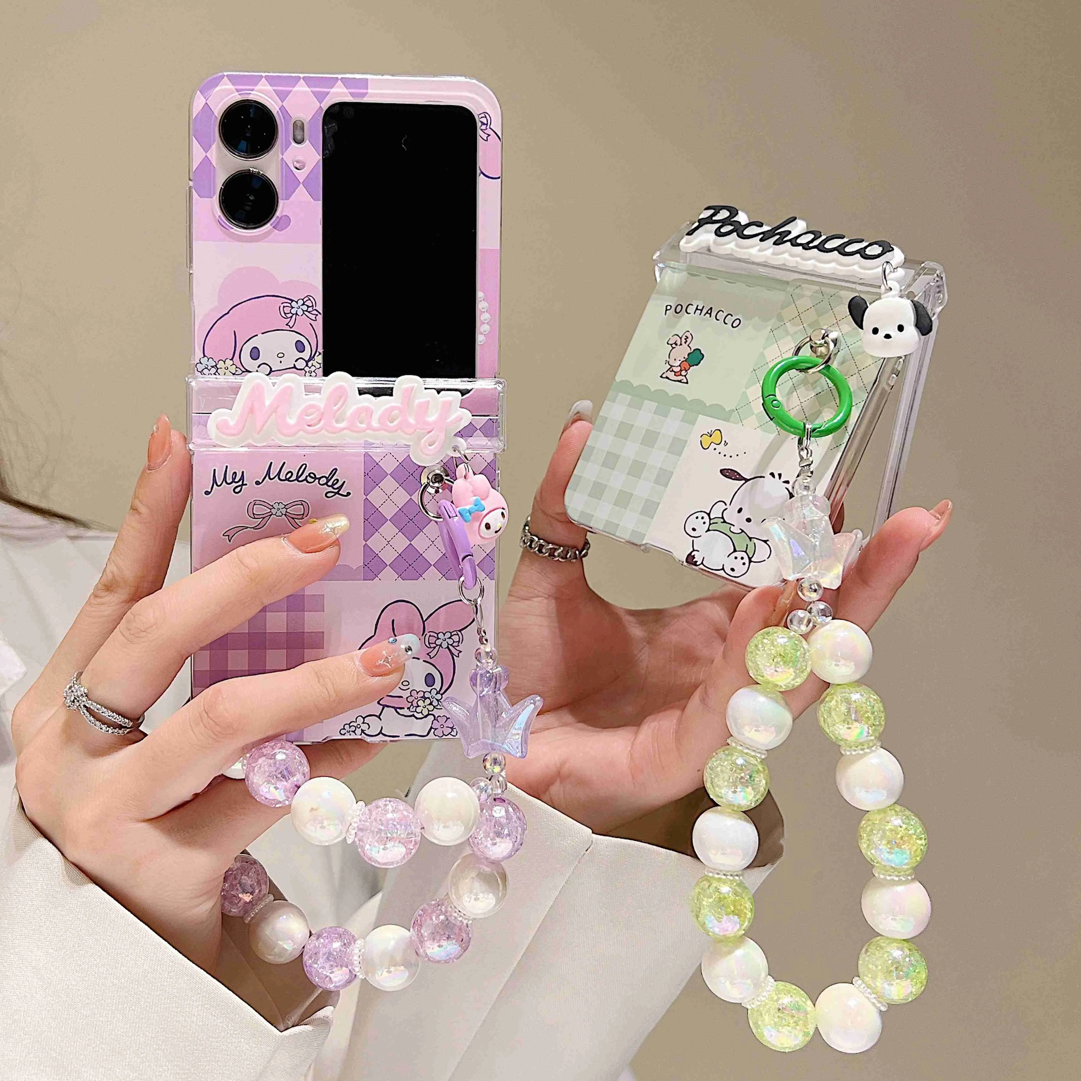 

Sanrio hello kitty my melody Cinnamoroll cute pink with bracelet Phone Case For OPPO Find N2 Flip Shockproof Cover