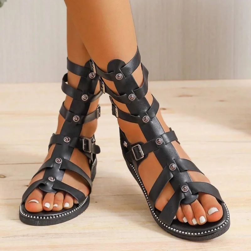 Women's Fashion Black Buckle Studded Decor Sandals Casual Retro Gladiator Zipper Back Flats Sandals Summer Hollow High top Shoes