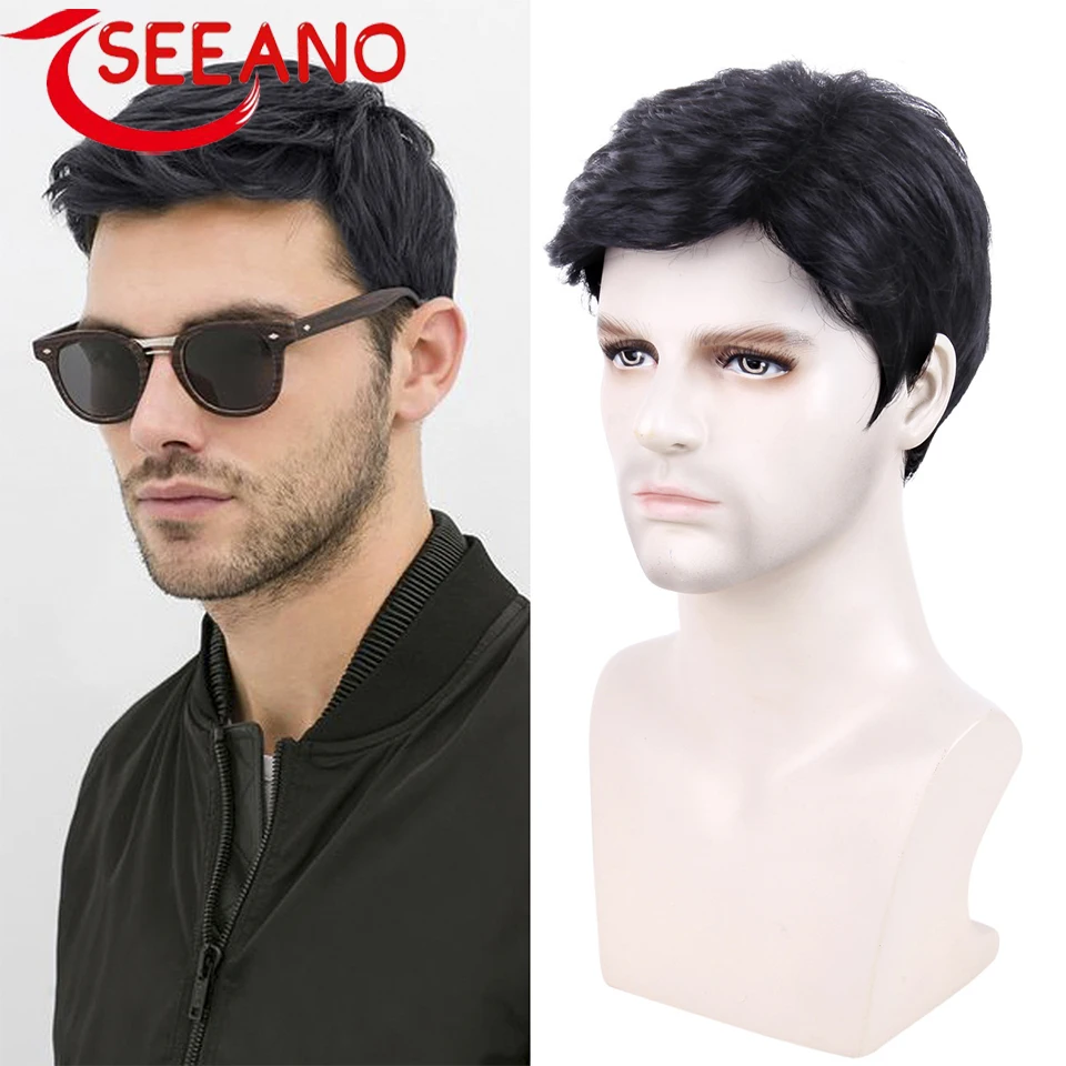 SEEANO Synthetic Short Men's Wig Smooth Natural Wigs for Men Straight Hair Synthetic Wig for Male Black Ombre Grey Fiber Wigs