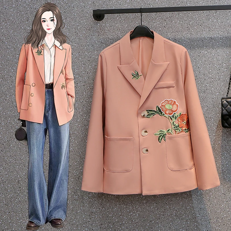 

Women's 2022 Fashion Casual Elegant Office Coat Pink Embroidered Blazer Retro Long Sleeve Pocket Women's Jacket