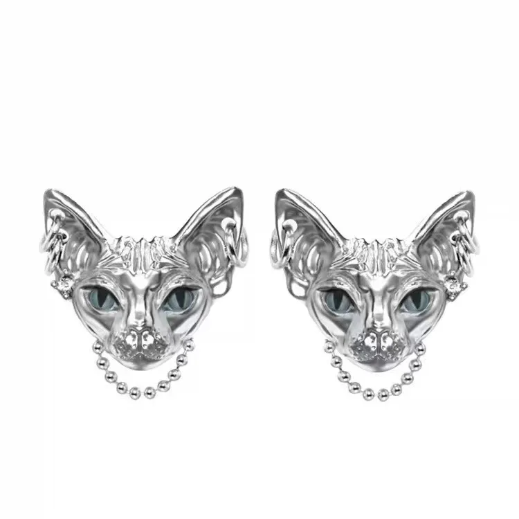 

Fashion Silver Color Hairless Cat Stud Earrings for Men Women's Metal Chain Cat Earrings Punk Party Jewelry Gifts