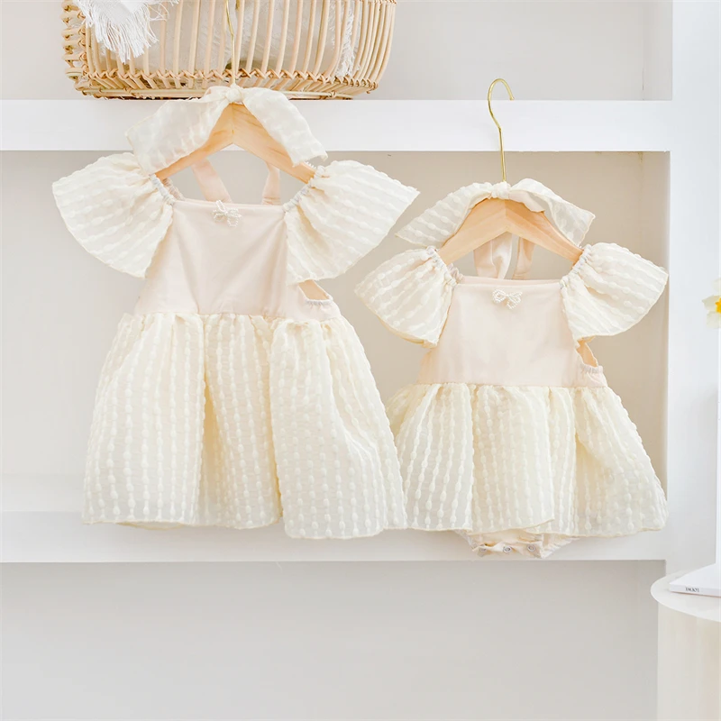 

Платье принцессы для маленьких девочек, летнее милое однотонное детское хлопковое платье с рукавами-фонариками, бежевая детская одежда, на...