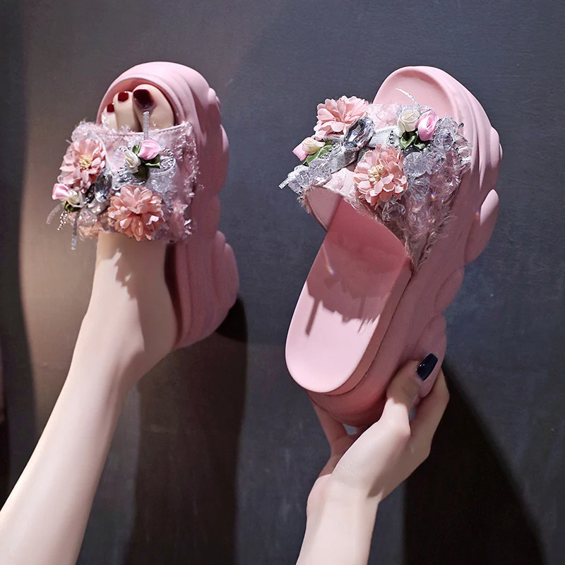 

High-Heeled Shoes Lady Slippers Soft Luxury Slides Jelly Flip Flops Platform Slipers Women Flower Comfort Designer Glitter Flat