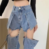 new hip hop jeans women chain pants metal buckle broken cut out trendy stage dance wear trousers split female streetwear