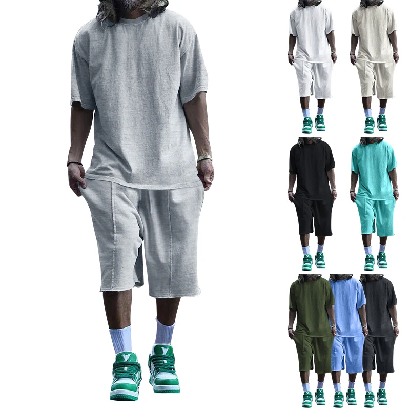 

Мужской комплект из двух предметов, повседневный топ с круглым вырезом и спортивные шорты для фитнеса, 2023