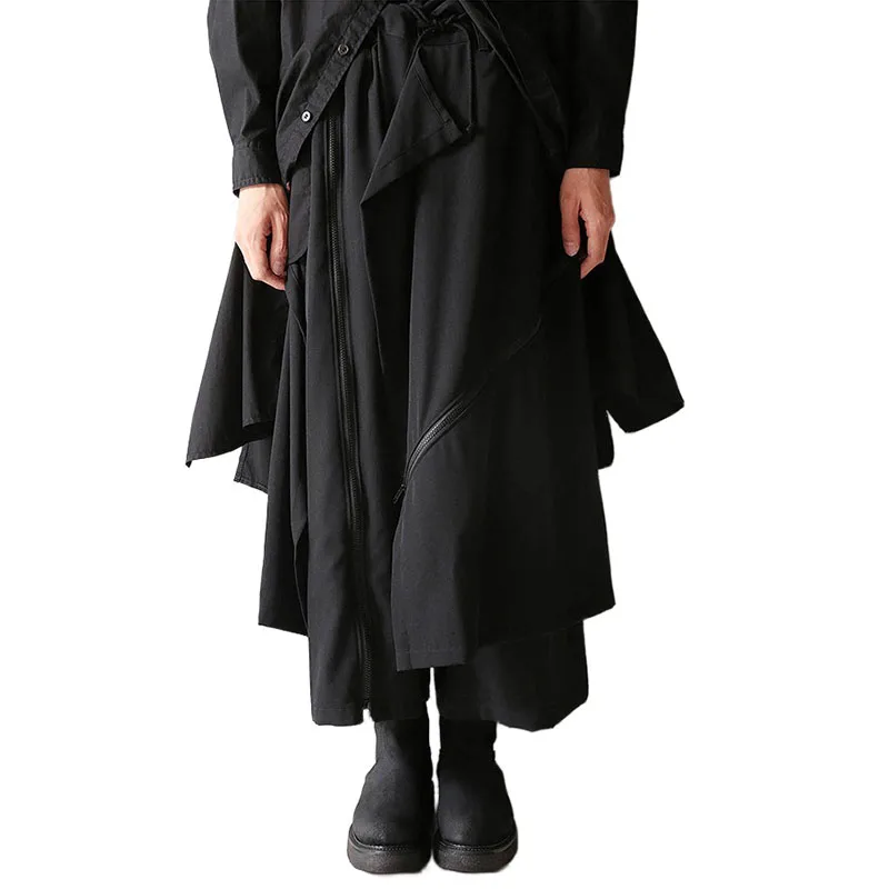 

Осенне-зимние Асимметричные двухслойные укороченные брюки, мужские свободные широкие брюки большого размера с регулируемой молнией, черная юбка