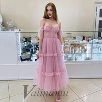 pink tulle evening dress a line short tiered prom sweetheart off the shoulder engagement party sexy backless custom made