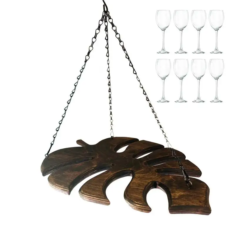 

Wooden Wine Glass Rack Wall Mount Wine Glass Hanging Holder Kitchen Cabinet Free Punching Holder Monstera Leaf Shape Bar Decor