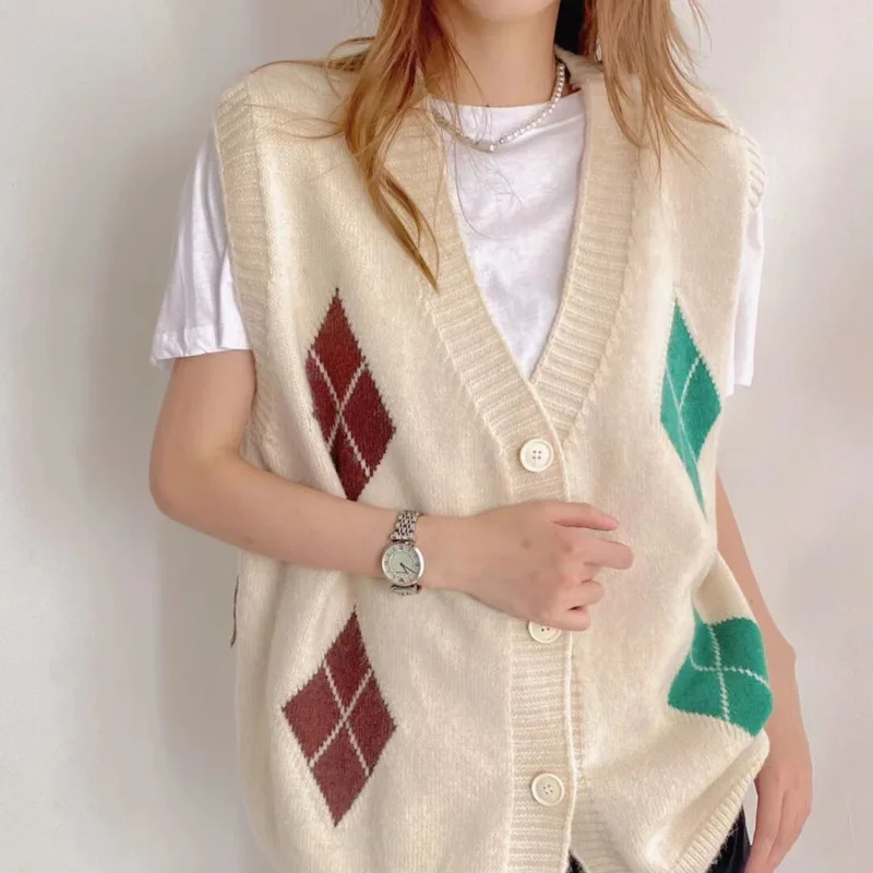 

Женский винтажный вязаный жилет, клетчатый свитер, Повседневная однобортная уличная одежда в стиле Харадзюку, вязаный кардиган, одежда, Топ