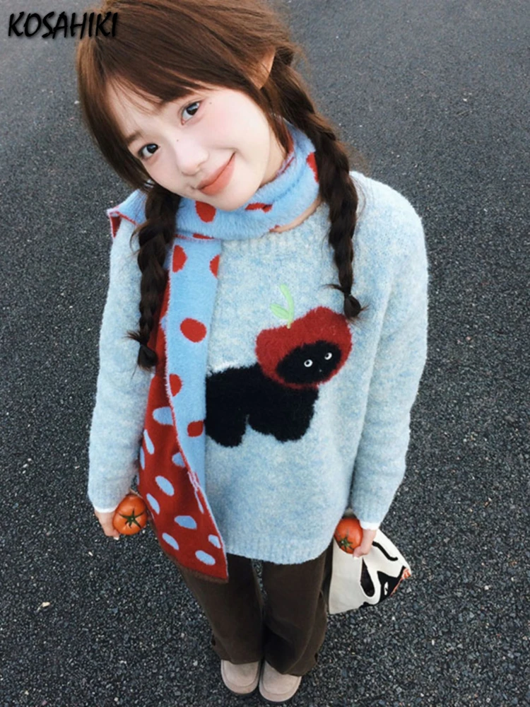 Женский винтажный жаккардовый свитер свободный синий трикотажный джемпер в