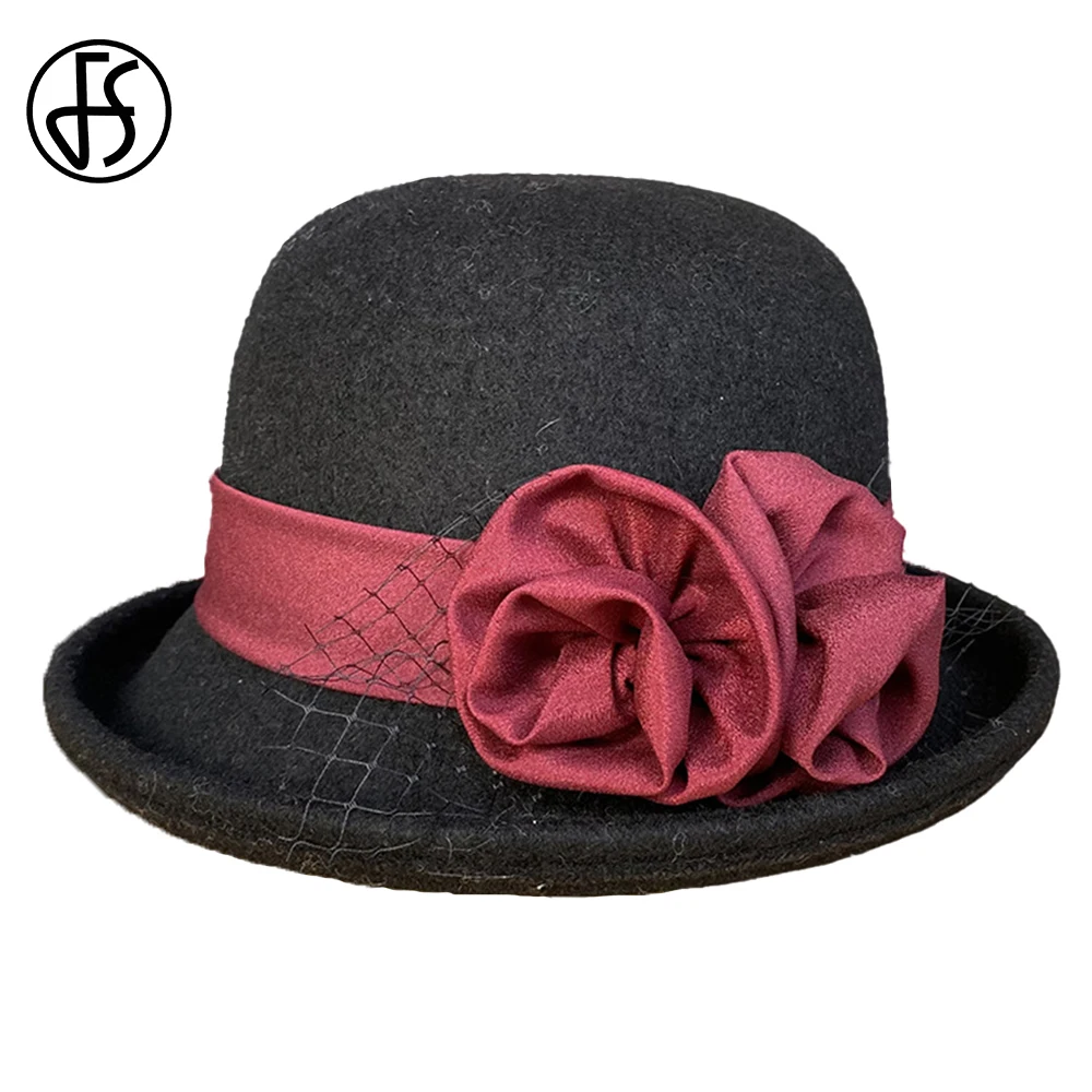 

FS Autumn Winter British Vintage Fashion Fisherman Hats For Women Black Rolled Brim Basin Cap Flower Ladies Casual Warm Fedoras