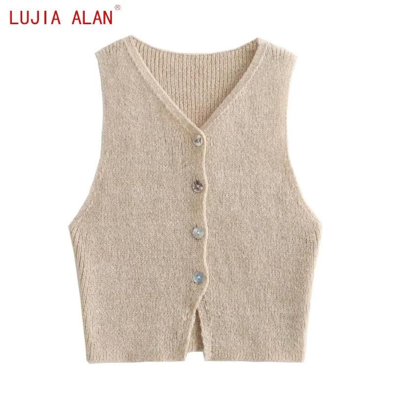 

Autumn New Women Single Breasted Knitted Sweater Female V-Neck Sleeveless Pullover Casual Slim Fit Crop Tops LUJIA ALAN SW2683