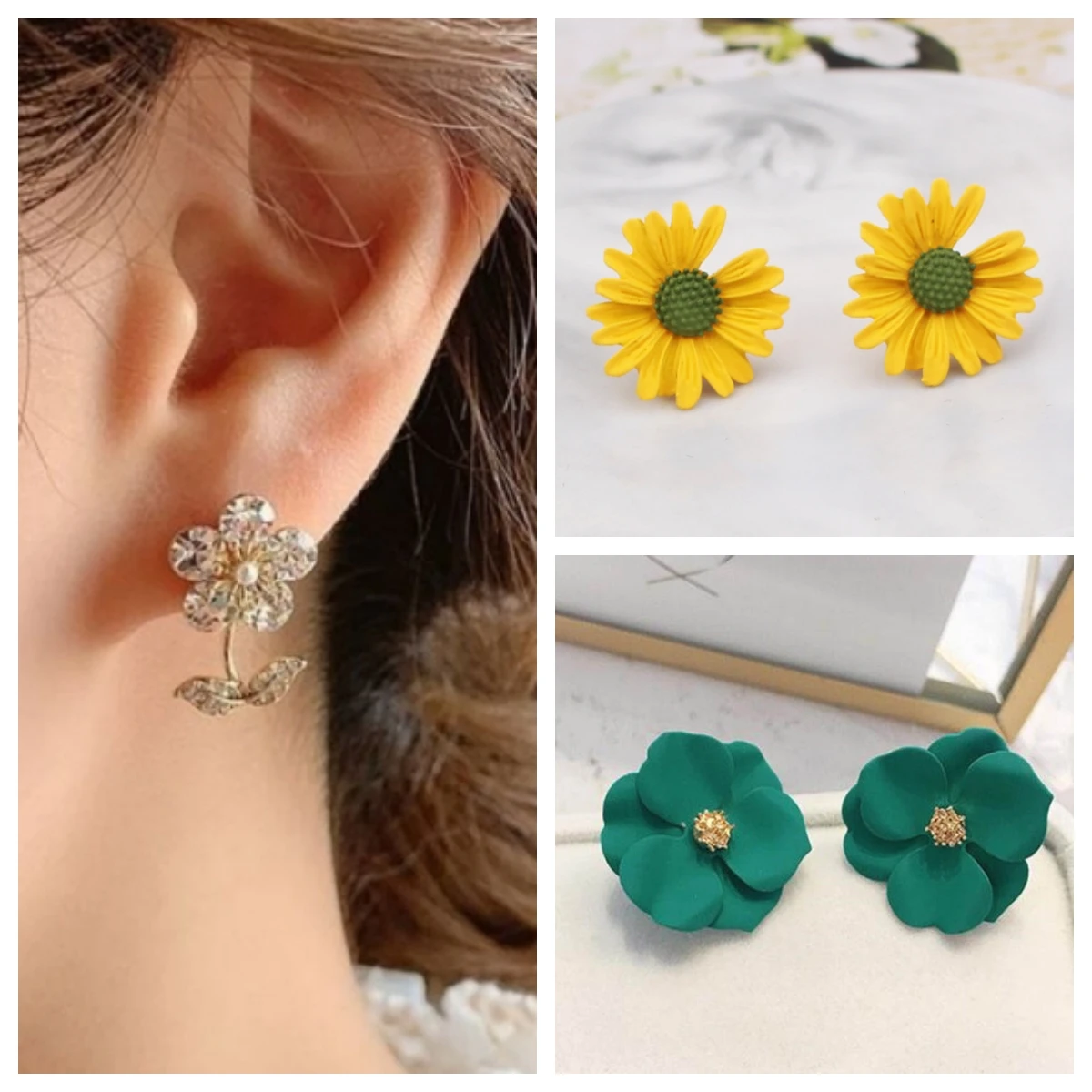 

New Korean Flower Stud Earrings for Women Summer Daisy Earrings Rhinestone Acrylic Cute Girls Ear Jewelry boucle oreille femme