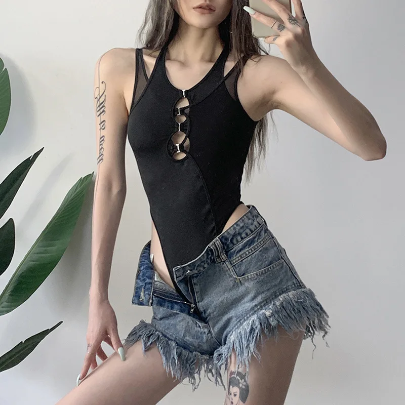 

Summer Sexy Hollow Out Black Bodysuit Women Sleeveless Elastic Slim High Split Bodysuits 2022