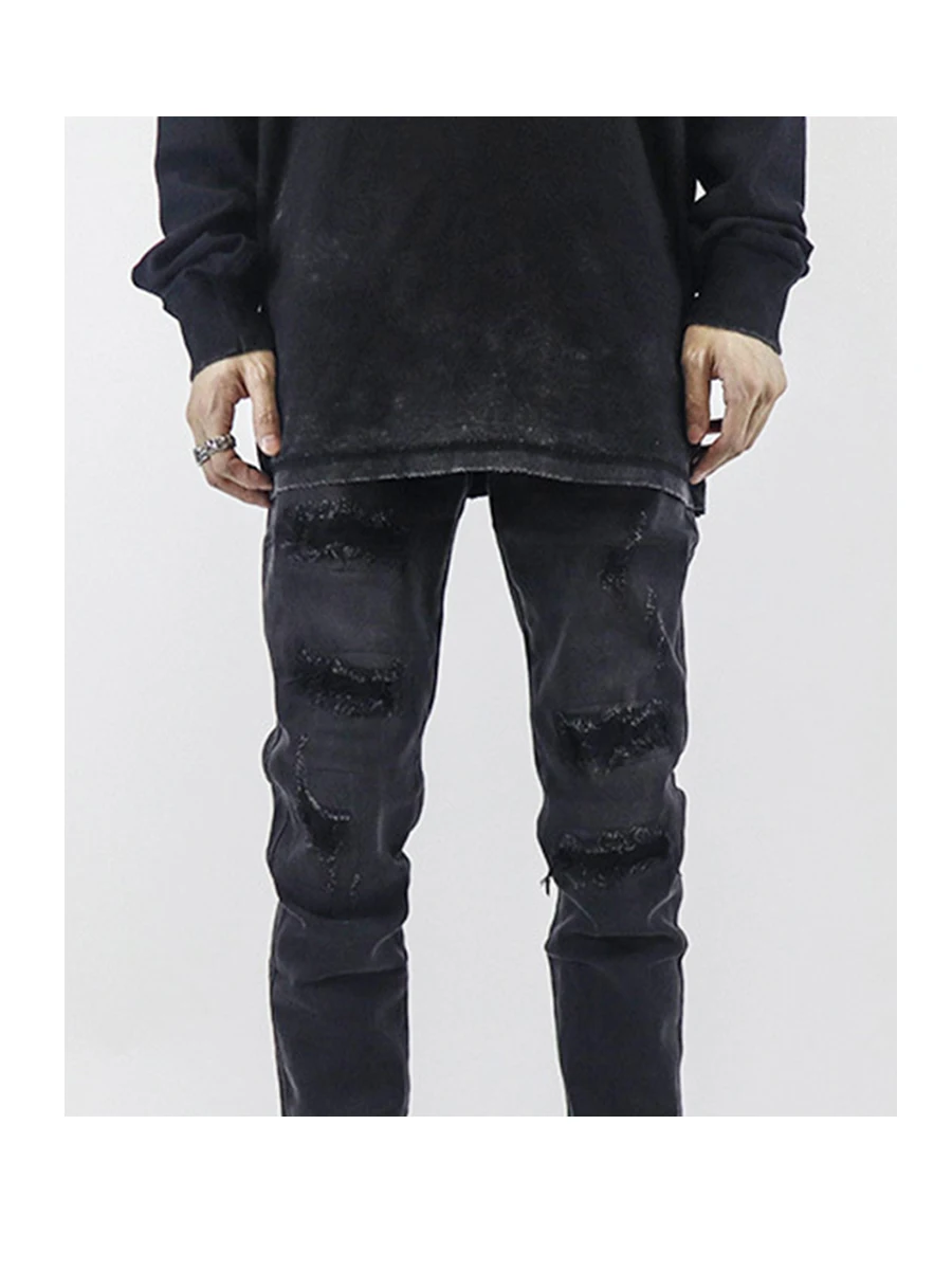 Four Seasons European and American High Street American Slim Small Foot Elastic Black Nine Points Ripped Jeans for Men and Women