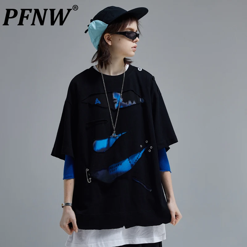 

PFNW spring summer new men's Button baggy Casual Cotton Short Sleeve T-Shirts hole hip hop darkwear trendy street tees