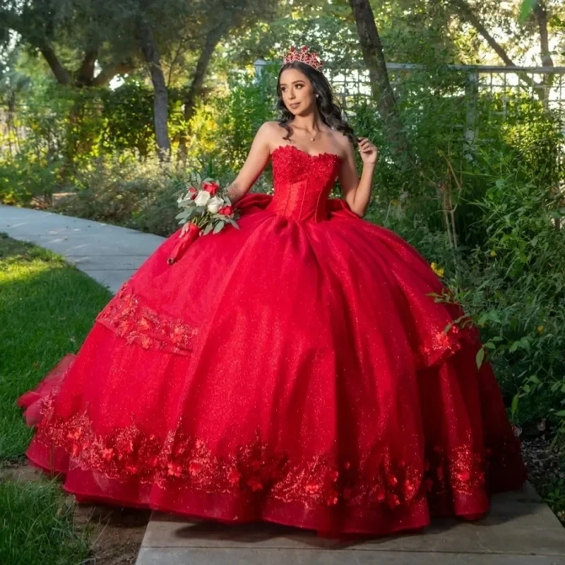 Блестящие красные блестящие платья Quinceanera с красивой аппликацией кружевное