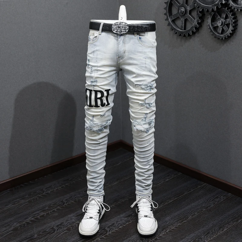

Street Fashion Men Jeans Retro Light Blue Elastic Stretch Skinny Ripped Jeans Men Brand Patches Designer Hip Hop Pants Hombre
