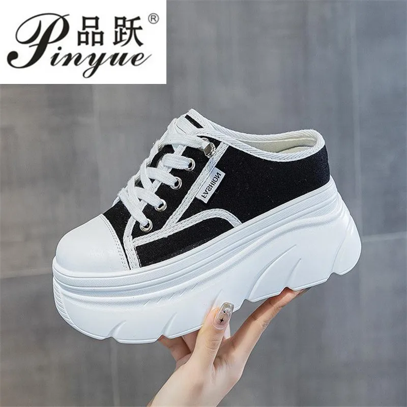 

9cm Canvas Genuine Leather Women Summer Shoes Wedge Sneakers Platform Slippers Shoes Slip on Sandals Slideds High Heel