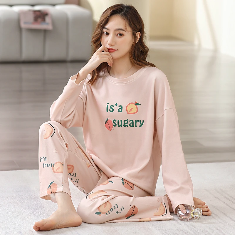 CAIYIER Big Size M-3XL Pajamas Set Cartoon Love Bear Cottoon Nightwear Long Sleeve Trousers Casual Underwear Set Soft Sleepwear
