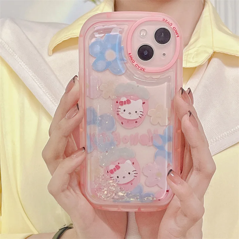 

Pink Blue Flower Cartoon Kitty Quicksand Phone Case Cover for IPhone 11 12 13 Pro X XR XS Max Shockproof Cases IPhone 13 Case