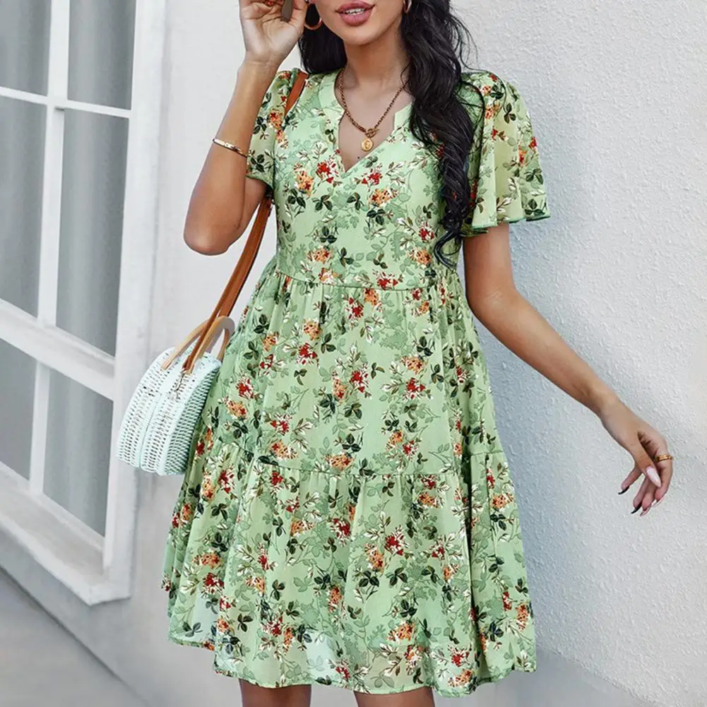 

V-neck Short Sleeve High-Waist A-Line Slim Fit Mini Dress Women Floral Print Ruffle Stitching Hem Dress Female Clothes