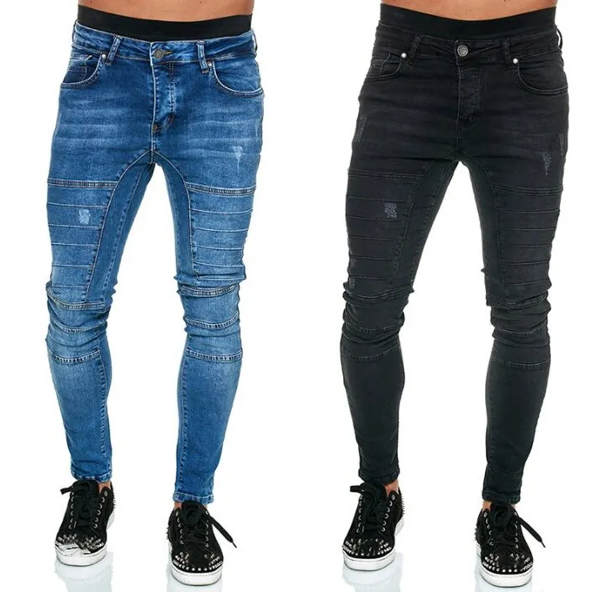 European American Mens Fashion Skinny Jeans Solid  Black Blue Hip-Hop High Street  Style Slim Fit Denim Casual Pencil Pants
