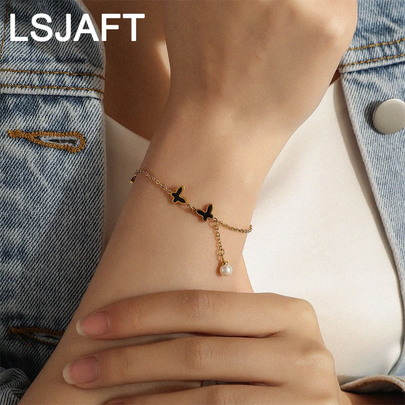 

INS Fashion Gold Plated Pearl Butterfly Bracelet Adjustable Women Girls Animal Link Chain Bracelet Jewelry Christmas Gift Party