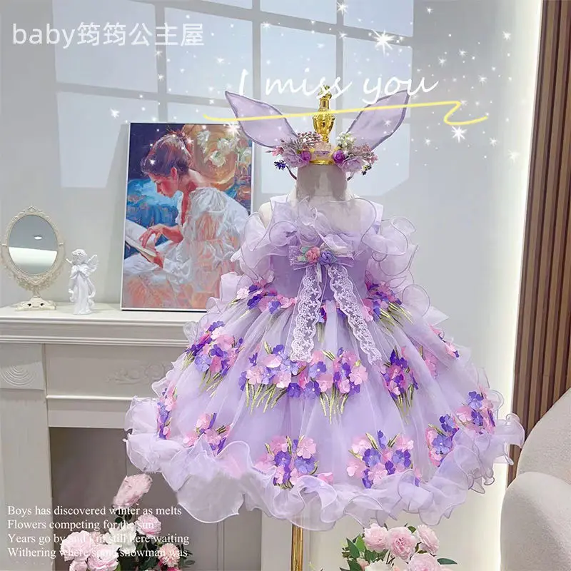 

Summer Backless Lolita Ball Gown Girls Kids Sets Floral Princess Dress Birthday Party Children's Gauze Clothing Lace Sundress