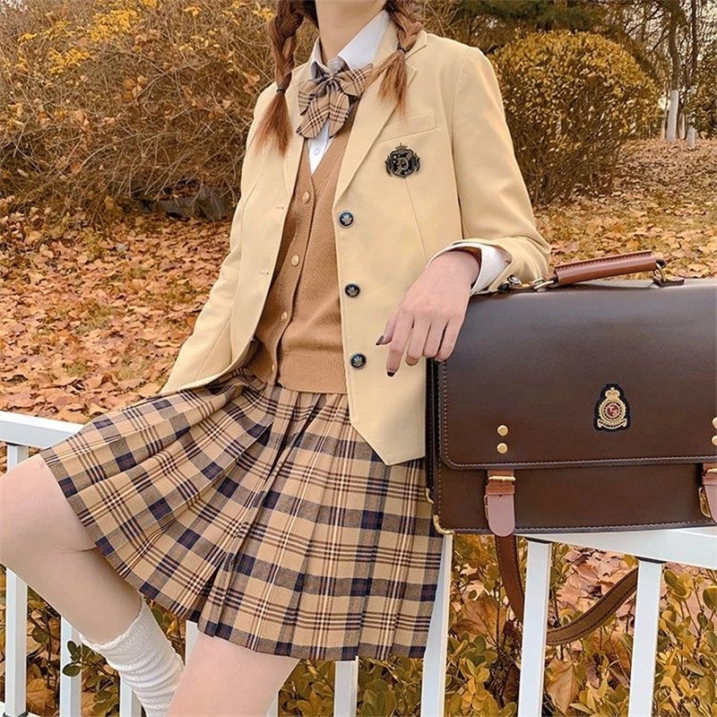 

[Little Brown] Long/Short Sleeve Stundent Women Autumn JK Uniform High Waist Plaid Pleated Skirts School Uniform Anime Clothes