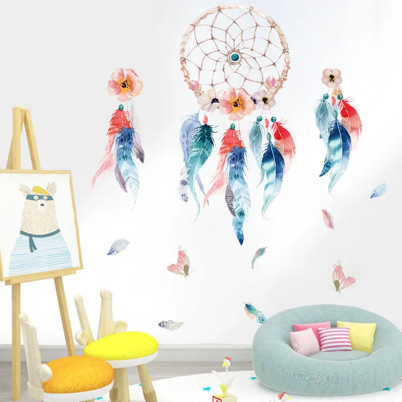 

3D Flowers Dream Catcher Wall Sticker Colorful Feathers For Living Room Bedroom Door Glass Decoration Wallpaper Murals 45*60cm