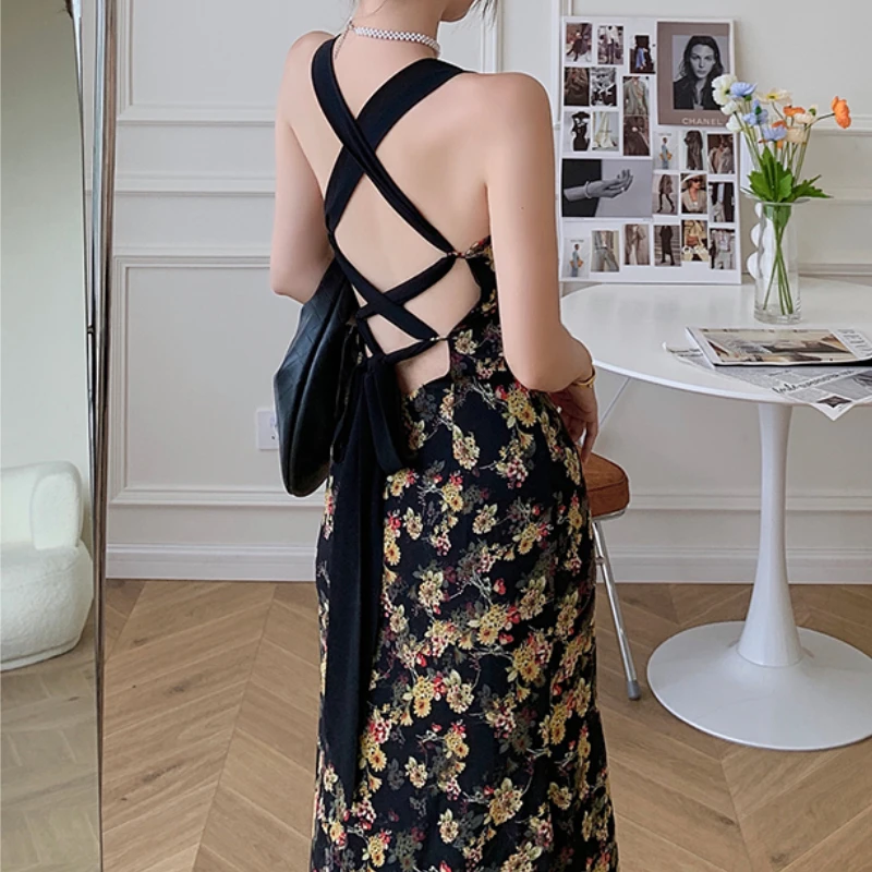 Floral Backless Sexy Beach Dress Women Vintage Black Bandage Mixi Dress Ladies Robe 2022 Summer Vestidos Female Clothing
