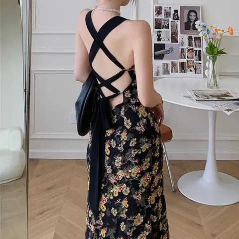 Женское винтажное пляжное платье с открытой спиной, черное платье с цветочным принтом, Микси-платье, женская одежда, лето 2022