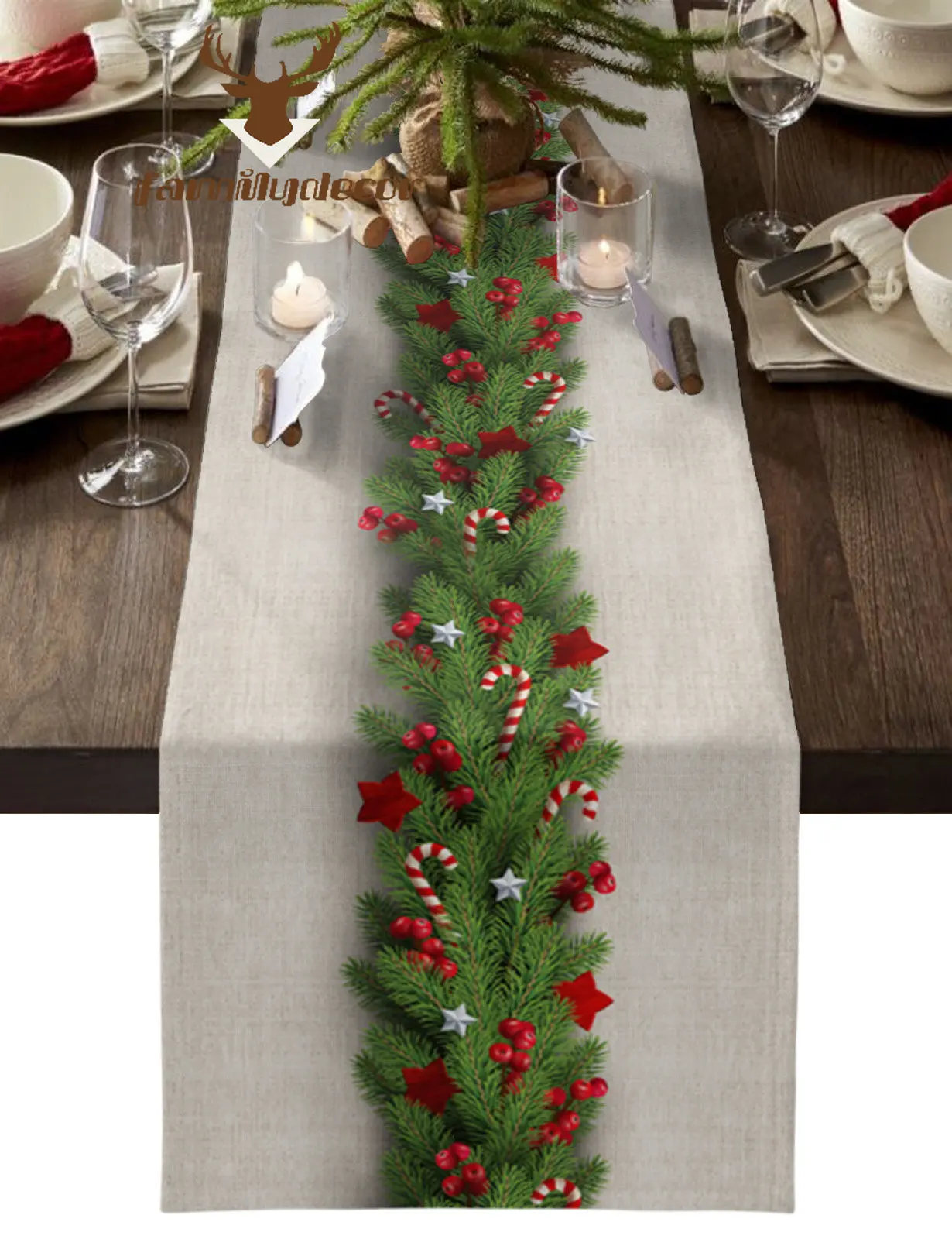 

Christmas Tree Pine Needles Candy Bow Table Runner Home Wedding Table Mat Centerpieces Decoration Party Dining Long Tablecloth