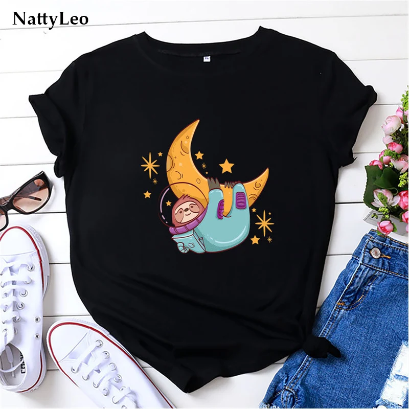 

Summer Plus Size Woman Tshirts Fashion Astronaut Moon Sloth Print T-shirt O Neck Short Sleeve 100%Cotton T Shirt Women Tops Tee