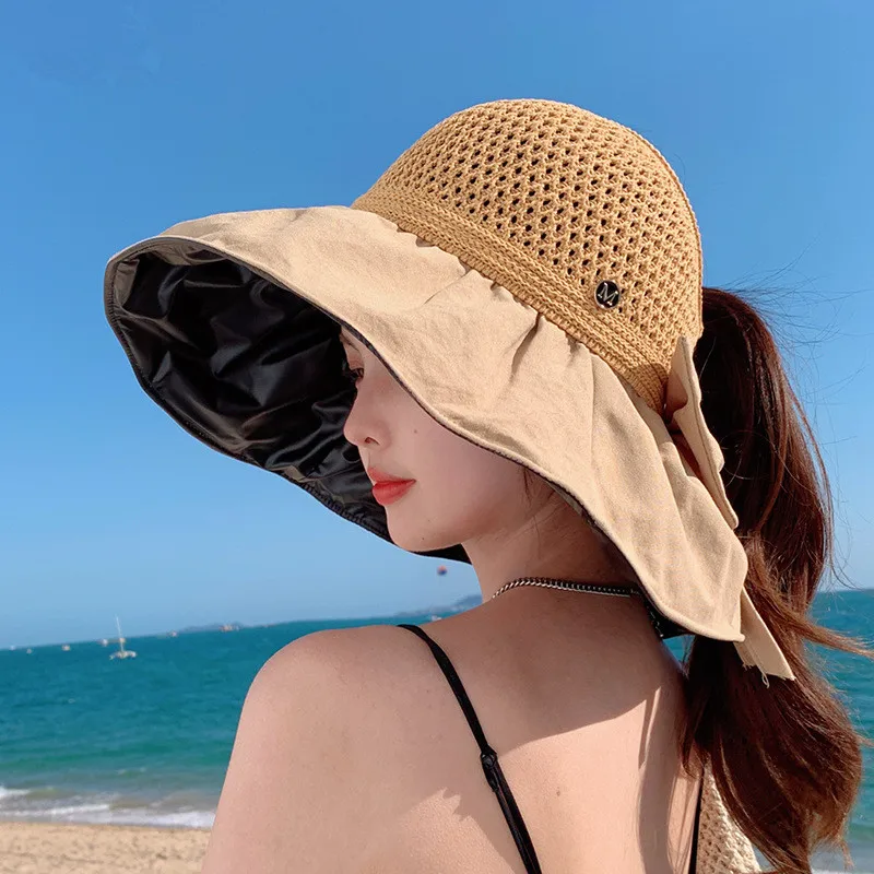 

Sparsil Vinyl Empty Top Sun Hats For Women Summer Ponytail Foldable UV Protection Knitted Beach Panama Bucket Hat Korean Visors