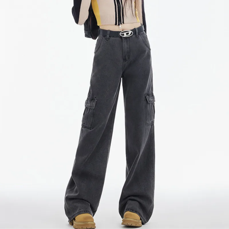 # Серые удлиненные джинсы 2011 женские свободные прямые боковые карманы уличная