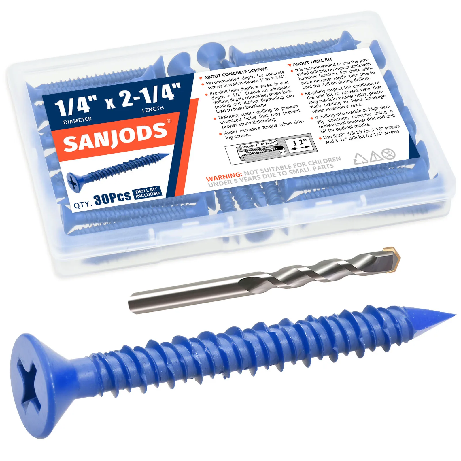 

SANJODS Винты для бетона 3/16" или 1/4", синие, углеродистая сталь