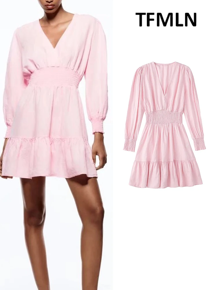 

ZBRA 2022 летние женские розовые платья с эластичной талией, элегантные вечерние платья-трапеции, Женский Повседневный мини-наряд с длинным рук...