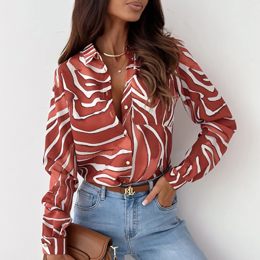 

Commuting Elegant Long Sleeve Blouse Fashion Single-breasted Lapel Women Shirt Autumn Casual Striped Print Lady Tops Blusas