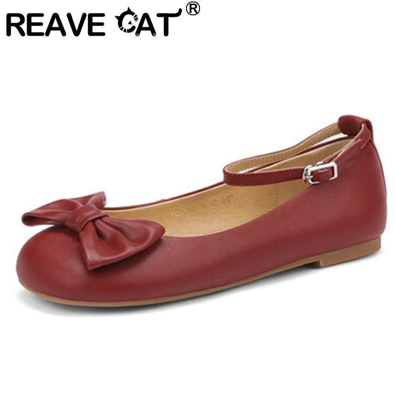 

REAVE CAT New Full Grain Leather Women Flats Round Toe Bowtie Appliques Ankle Buckle Strap 33-40 Solid Beige Sweet Spring S3570