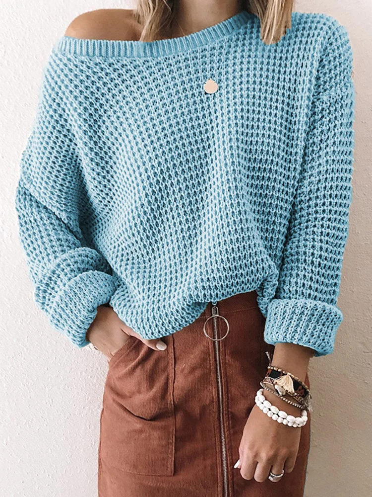 

Knitting Hollow Out Patchwork Women Jumpers Casual Loose Round Neck Solid Long Sleeve Tops Autumn Retro Female Pullovers Sweater
