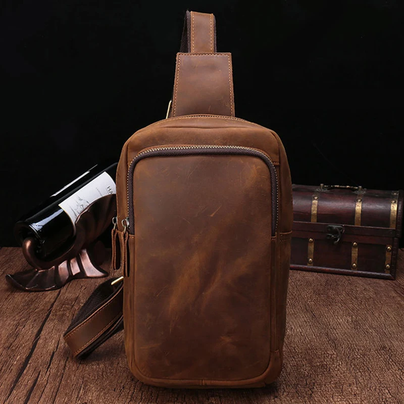 

First layer cowhide men's leather chest bag casual retro fashion sports chest bag crazy horse leather
