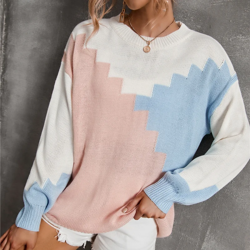 

European and American Fashion 2021 Autumn New Personality Stitching Round Neck Loose Knit Sweater Long Sleeve Sweater Women