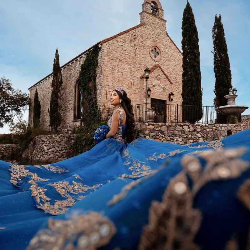 Королевское синее блестящее бальное платье Quinceanera Платья с открытыми плечами и